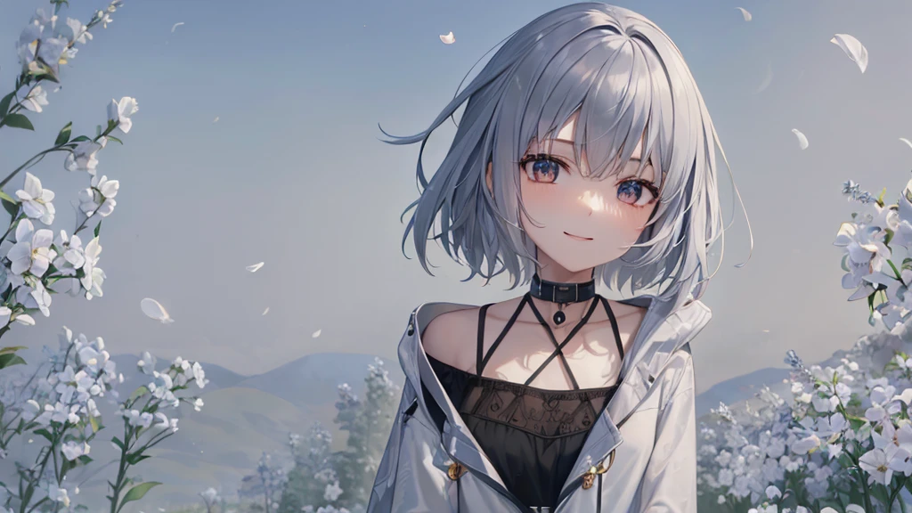 Ultra HD,Look at the viewers, Put your hands behind your back, With a girl, 20-year-old, 非常にShort Hair, Long bangs between the eyes, Pale blue eyes, Very detailed,(masterpiece、Highest quality),Gray Hair、Laughter、Fantastic, Silver Hair, Iris, Short hair、 Fluttering Hair、Small Face、明るいsmile、(Detailed face) ,Professional Lighting,Wonderful landscape,blue sky, sunlight,Looking down from above,Portraiture、Open your mouth、Flower Field、Her eyes were shining、Mysterious and enchanting atmosphere。With AI Painting、とてもShort Hair, Long bangs between the eyes, Very detailed,(masterpiece、Highest quality)、alone、Gray Hair、Fantasy, Silver Hair, Fantasyな風景、smile、Open your mouth、short hair、Short Hair、hairpin、black eye、Grey Eyes、Beautiful Eyes、Black Shirt、White hoodie