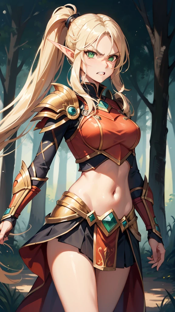 (1girl, absurdly long hair split ponytail, spiral eyes, angry ,clenched teeth) (digital) (standing), (Light Orange Forest background), (skirt)) , best quality, blonde hair, green eyes, glowing, armor, navel, bloodelf, 