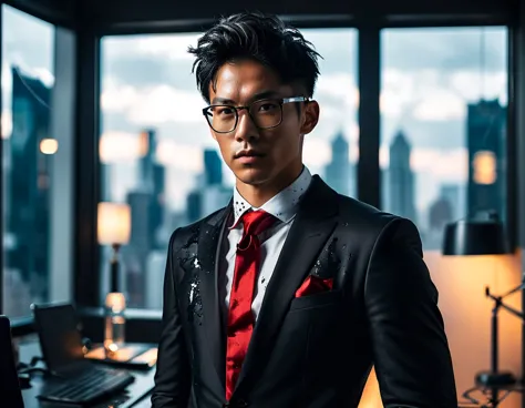 Photorealistic, dark vibes, solo, young man, Asian, 26 years, model (short obsidian black messy hair:1.5), (blood red tie:1.5), ...