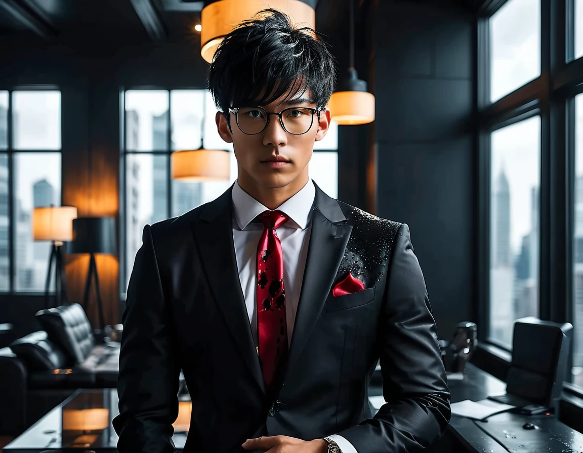 Photorealistic, dark vibes, solo, young man, Asian, 26 years, model (short obsidian black messy hair:1.5), (blood red tie:1.5), (all black suit:1.4), black glasses, CEO, dark lighting, foreboding, standing in luxury office, city background from window