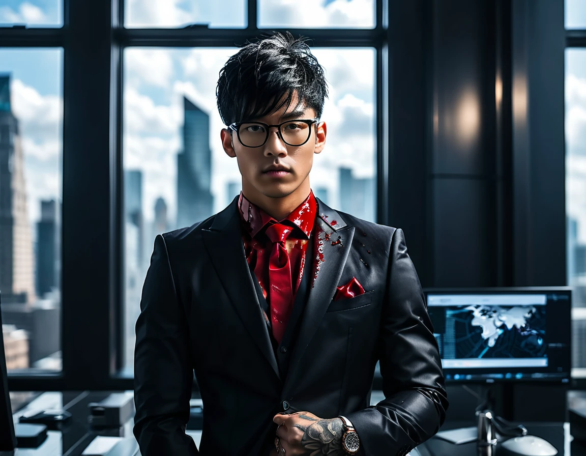 Photorealistic, dark vibes, solo, young man, Asian, 26 years, model (short obsidian black messy hair:1.5), (blood red tie:1.5), (all black suit:1.4), black glasses, CEO, dark lighting, foreboding, standing in luxury office, city background from window