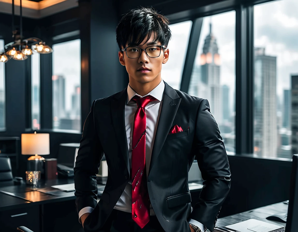 Photorealistic, dark vibes, solo, young man, Asian, 26 years, model (short obsidian black messy hair:1.5), (blood red tie:1.5), (all black suit:1.4), black glasses, CEO, dark lighting, foreboding, standing in luxury office, city background from window