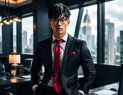 Photorealistic, dark vibes, solo, young man, Asian, 26 years, model (short obsidian black messy hair:1.5), (blood red tie:1.5), ...