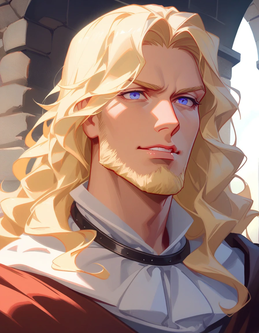 male, late 30s, blond, shoulder-length, middle-part wavy hair, light-purple, deep-set, Sanpaku eyes, slightly thick blond beard, aquiline and hooked nose, slightly underbite, chiseled, slightly long face, fearless expression, medieval European royal attire, portrait, high saturation, jhyd style