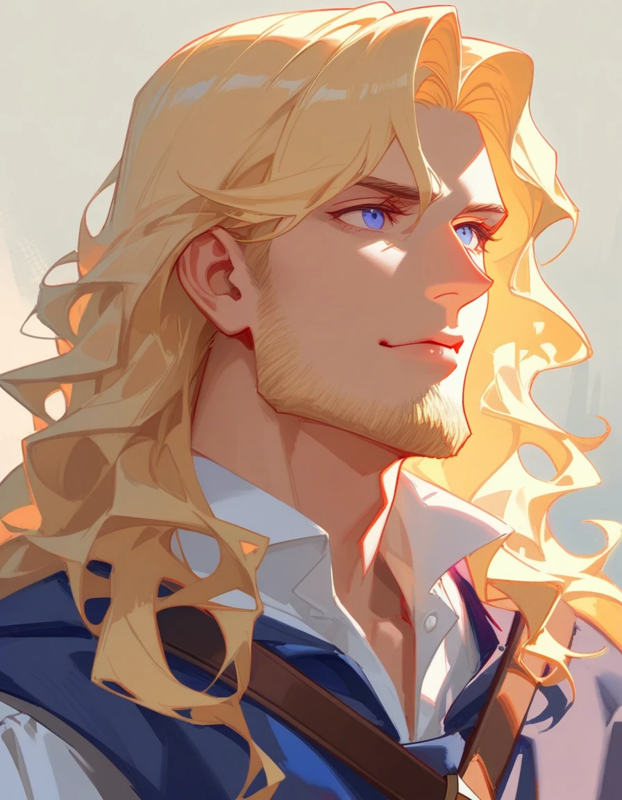 male, late 30s, blond, shoulder-length, middle-part wavy hair, light-purple, deep-set, Sanpaku eyes, slightly thick blond beard, aquiline and hooked nose, slightly underbite, chiseled, slightly long face, fearless expression, medieval European royal attire, portrait, high saturation, jhyd style