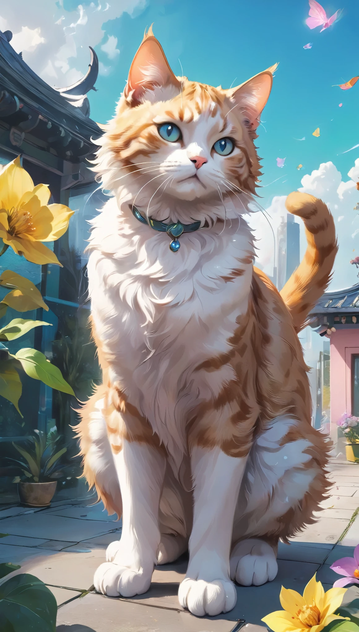 huge pussy:1.4, Surreal Landscape, Calm natural environment, Detailed cat characteristics, 気まぐれでFantasyなシーン, Giant cat, Put out the front legs, Spread front paw pads, ((Dancing Cat, Giant catと人間の対比)), (Petals fluttering in the wind, Fantasy, Fantasy art), Contemporary Art Works, Integrated Arts, ((Colorful background, Draw a cityscape in the background to show how huge the cat is.)), Imaginative, dream-like, Beautiful colors, Soft lighting, Magic, Complex, Concept Art, (Highest quality:1.2, Very detailed, High Contrast, High Detail, masterpiece:1.2, Best aesthetics),