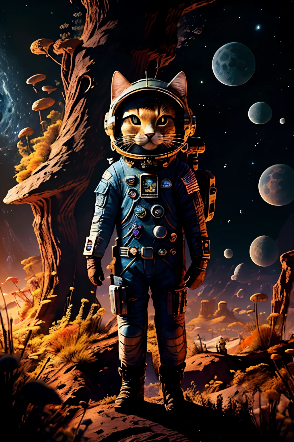 1. A captivating digital art depicting a realistic cartoon astronaut cat exploring the moon's surface, with fine details highlighting the cat's spacesuit and the lunar landscape, bathed in the soft glow of the neon City Pop colors. (4k)

2. A charming, Alluring astronaut cat figure crafted out of metal, adorned in its NASA suit, stands triumphantly on the moon's surface, complete with a detailed wire tail and intricate details showcasing the cat's helmet and spacesuit. (HDR)

3. A photorealistic masterpiece in the form of an oil painting displaying an astronaut