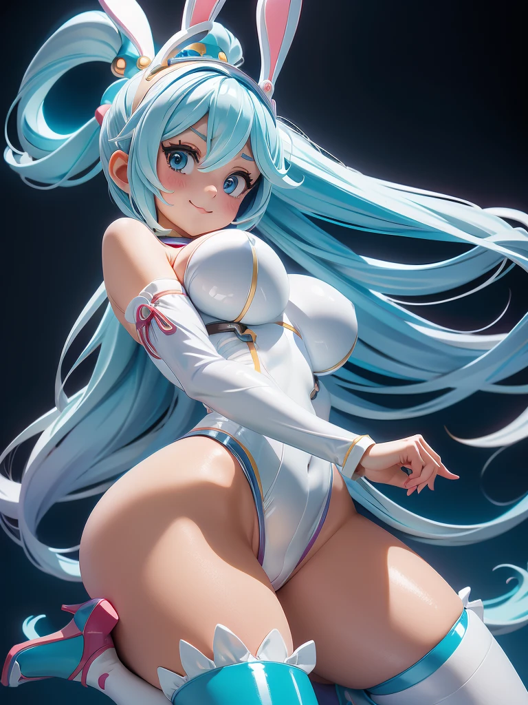 Aqua Konosuba, white gradient background，（in panoramic view：1.2, Girl with giant breasts，the anatomy is correct，Rabbit headdress，short detailed hair，smile，Smooth white tight bunny clothes，(shiny red one piece clothing :1.2) , strappy sandals ,Beautiful and detailed heels , perfect proportions，extremely detailed face，（Best quality at its best，high detail，chedevr，official art，movie light effect，4K）
