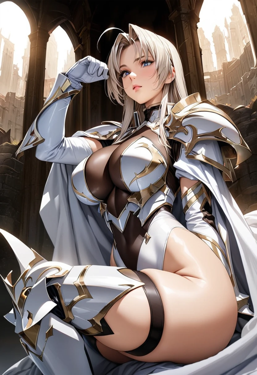 ((highest quality)), ((masterpiece)), ((hyperrealistic)), (detailed background), 1girl, ((curvy: 1.2)), perfect face, Langrisser, squatting, kissing hand, open legs, ((high neck racing leotard: 1.5)), ((catsuit)), ((white paladin armor: 1.3)), ((long skirt)), (cloak de cour), gauntlet, gloves, silver straight hair, ahoge, parted bangs, (huge breasts), (see-through cleavage cutout), (pantyhose thigh), (zettai ryouiki armored thigh high boots), beautiful eyes, Perfect hands, perfect fingers,