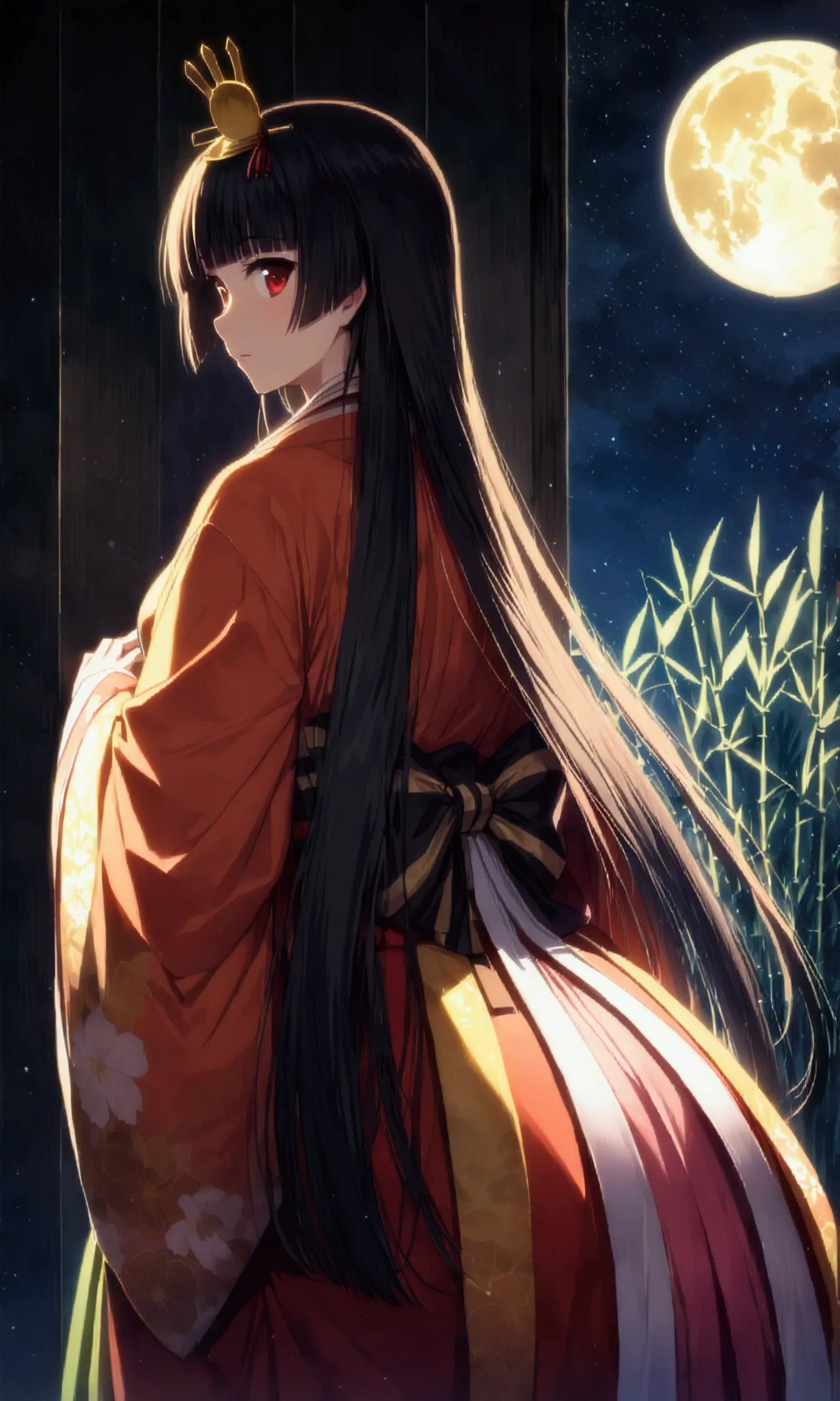 The World of Kaguyahime, hinamatsuri ohinasama, the figure standing looking at the moon is full of melancholy, (heian red:1.1) j...