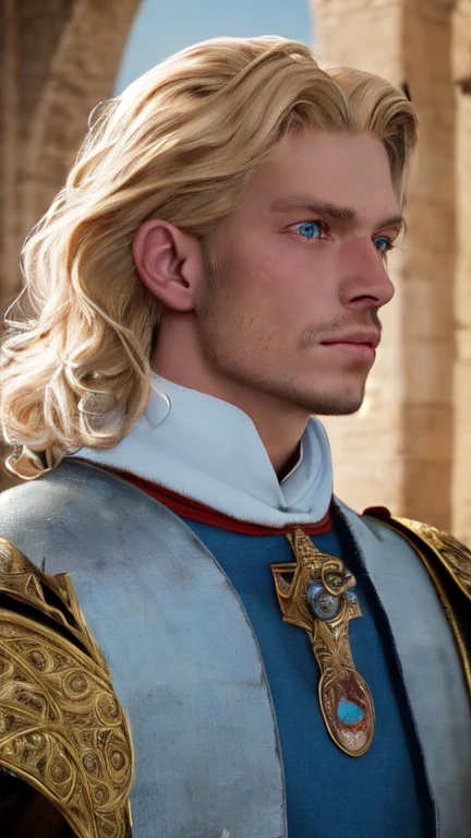 A portrait of a young prince with blonde hair and blue eyes, The prince has a noble and heroic expresión, He wears rich and elaborate medieval prince's clothing, including a crown, cape, and armor, The image is illuminated with soft natural light, creating a warm and welcoming atmosphere, The image quality is realistic and detailed, as if it were a high-resolution photograph, The prince's hair should be light blonde and wavy, combed back from his fase, His blue eyes should be bright and expressive, The prince's clothing should be in bright colors and luxurious fabrics, such as velvet and silk, The prince's crown should be gold adorned with jewels, The prince's cape should be long and flowing, with a fur trim, The prince's armor should be shiny and polished, The background of the portrait should be a medieval landscape, such as a castle or a battlefield, film grain, realistic, raw, photography