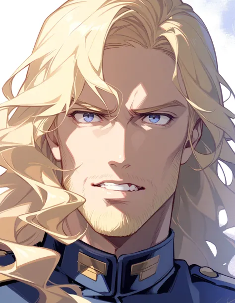 male, late 30s, blond, shoulder-length, middle-part wavy hair, light-purple, deep-set, sanpaku eyes, slightly thick blond beard,...