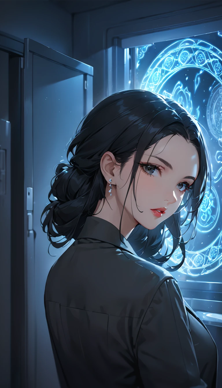 1woman,matured face,curtain hair forehead(long black hair),eyes,black eyes,teacher,teacher outfit, beautiful, colourful classroom background,standing attentive pose, neutral,stoic,wearing an ID card,earrings,juicy full lips,magic circle in the background, portrait , cinematic lighting,