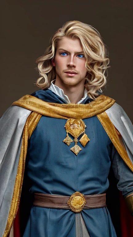 A portrait of a young prince with blonde hair and blue eyes, The prince has a noble and heroic expresión, He wears rich and elaborate medieval prince's clothing, including a crown, cape, and armor, The image is illuminated with soft natural light, creating a warm and welcoming atmosphere, The image quality is realistic and detailed, as if it were a high-resolution photograph, The prince's hair should be light blonde and wavy, combed back from his fase, His blue eyes should be bright and expressive, The prince's clothing should be in bright colors and luxurious fabrics, such as velvet and silk, The prince's crown should be gold adorned with jewels, The prince's cape should be long and flowing, with a fur trim, The prince's armor should be shiny and polished, The background of the portrait should be a medieval landscape, such as a castle or a battlefield