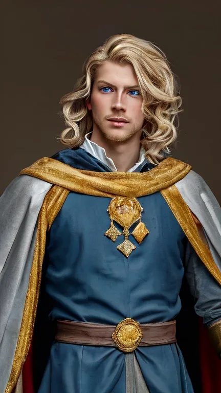 A portrait of a young prince with blonde hair and blue eyes, The prince has a noble and heroic expresión, He wears rich and elab...