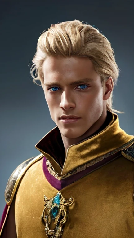 A portrait of a young prince with blonde hair and blue eyes, The prince has a noble and heroic expresión, He wears rich and elaborate medieval prince's clothing, including a crown, cape, and armor, The image is illuminated with soft natural light, creating a warm and welcoming atmosphere, The image quality is realistic and detailed, as if it were a high-resolution photograph, The prince's hair should be light blonde and wavy, combed back from his fase, His blue eyes should be bright and expressive, The prince's clothing should be in bright colors and luxurious fabrics, such as velvet and silk, The prince's crown should be gold adorned with jewels, The prince's cape should be long and flowing, with a fur trim, The prince's armor should be shiny and polished, The background of the portrait should be a medieval landscape, such as a castle or a battlefield