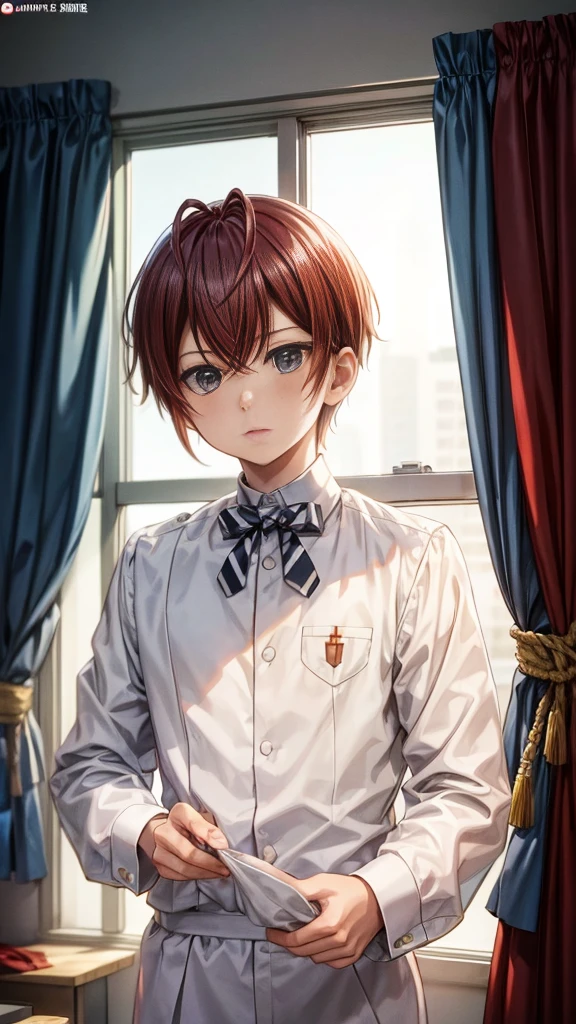 boy、Strict look、Dormitory uniform、Standing by the window、Staring at the audience、cute