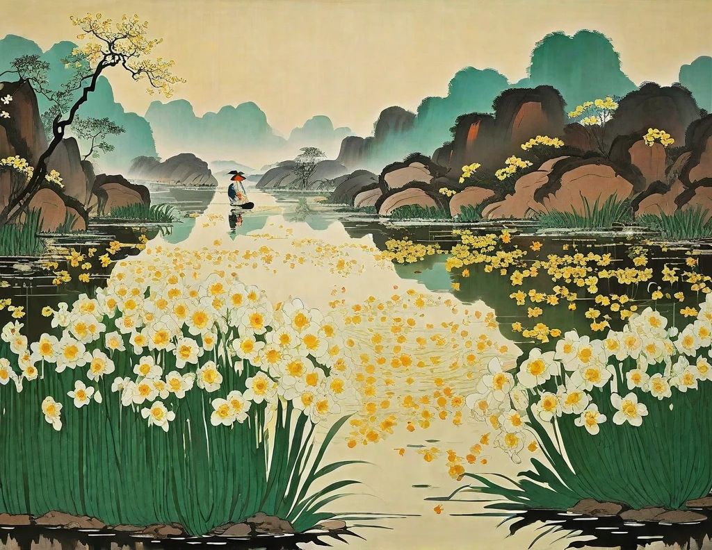 Wu Guanzhong, Narcissus, traditional media, nature beauty sepea tone 