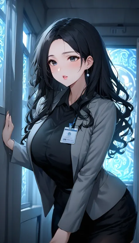 1woman,matured face,curtain hair forehead(long black hair),eyes,black eyes,teacher,teacher outfit, beautiful, colourful classroo...