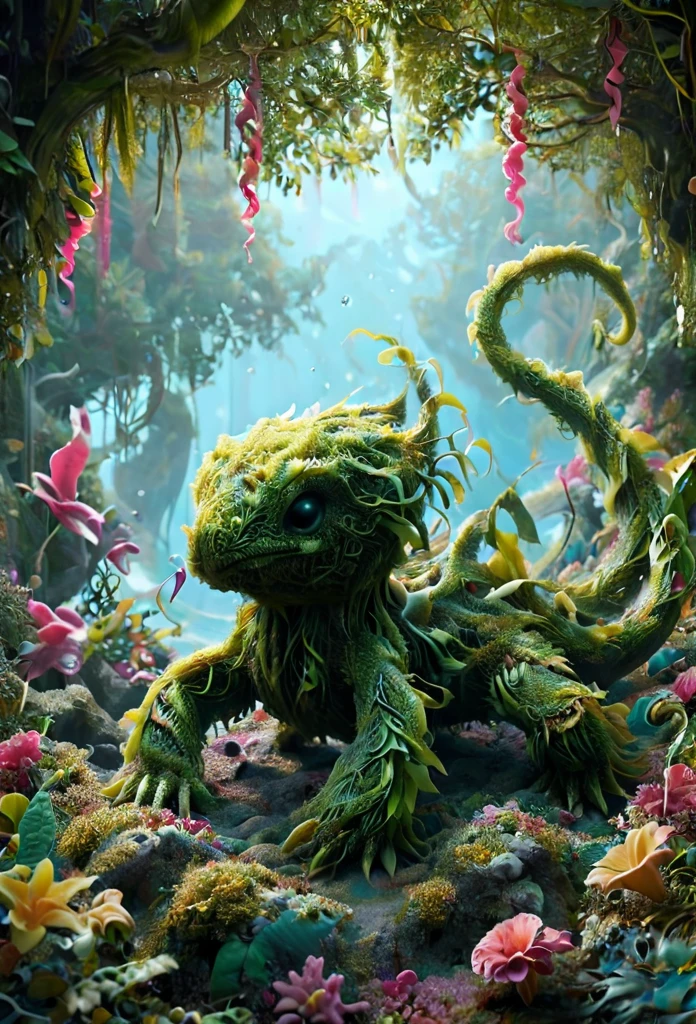 illustrious, Darling, kraken hatchling, dancing on leaves and flower petals made of g1h3r, grsw and covered in fractal vines, intricate details, colorful, magical, realism, hyperrealistic, fractalvines, 