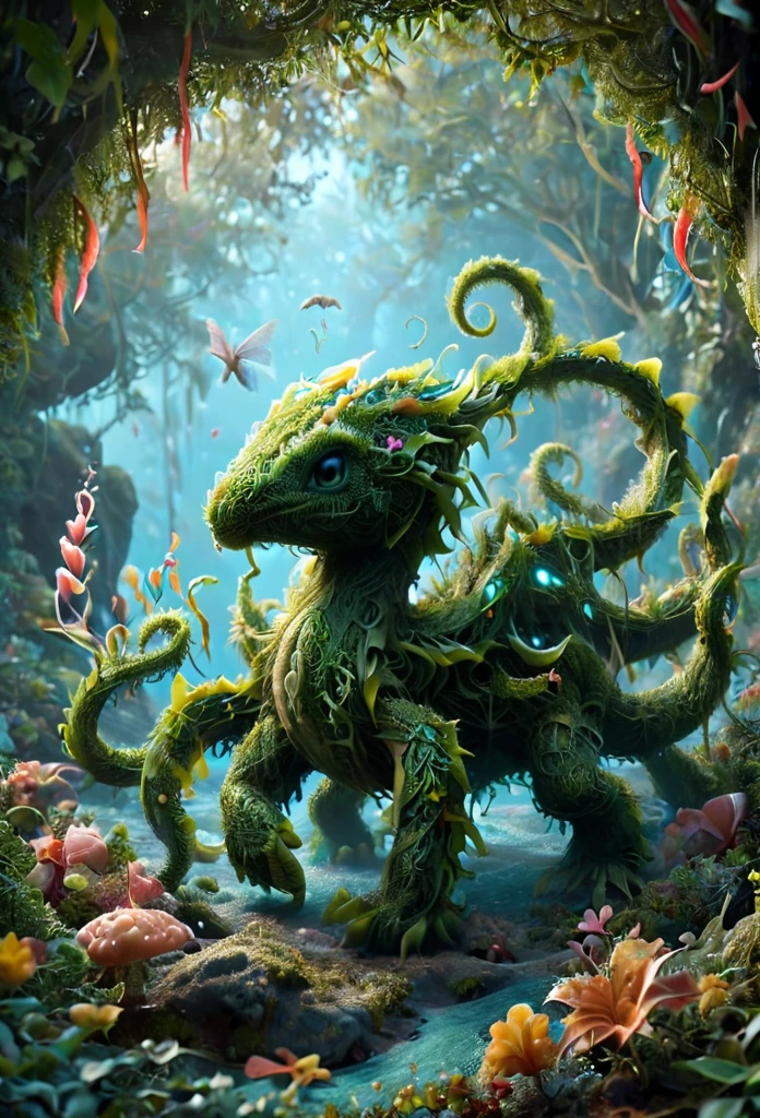 illustrious, Darling, kraken hatchling, dancing on leaves and flower petals made of g1h3r, grsw and covered in fractal vines, intricate details, colorful, magical, realism, hyperrealistic, fractalvines, 