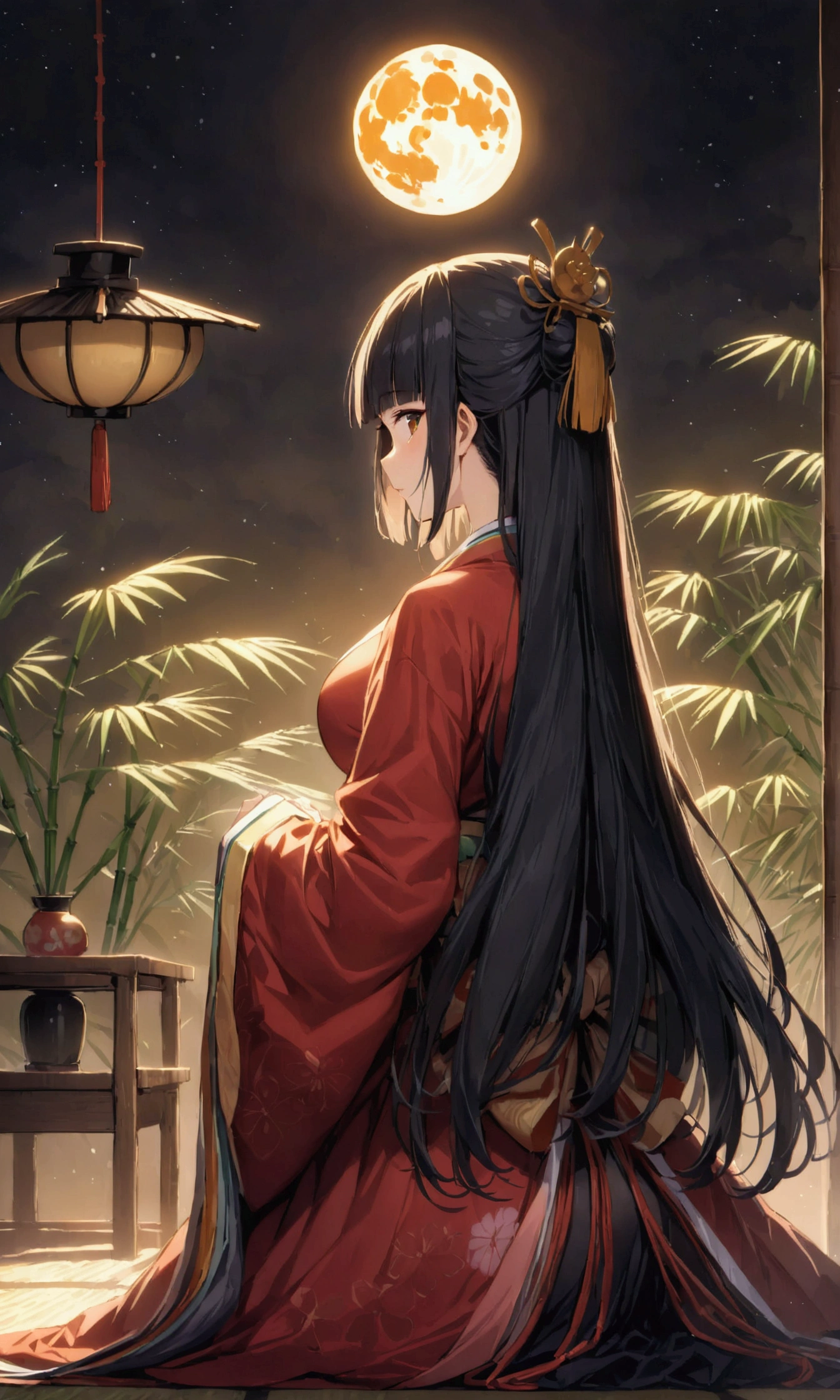 The World of Kaguyahime, (look at full moon:1.3), hinamatsuri ohinasama, (heian red:1.1) japanese clothes, wide sleeves, red (karaginumo:1.1), layered kimono, 1girl solo, beautiful detailed hair, black hair (hime cut:1.2) very long hair spread out, (masterpiece:1.2), best quality, high quality, ultra high res, (hyper detailed), absurdres, absolutely resolution, detailed details, detailed background, wide shot, cinematic lighting, beautifully lit, starry sky, light particles, (bamboo thicket:1.1), (stunning standing posture), (back focus), (from behind),