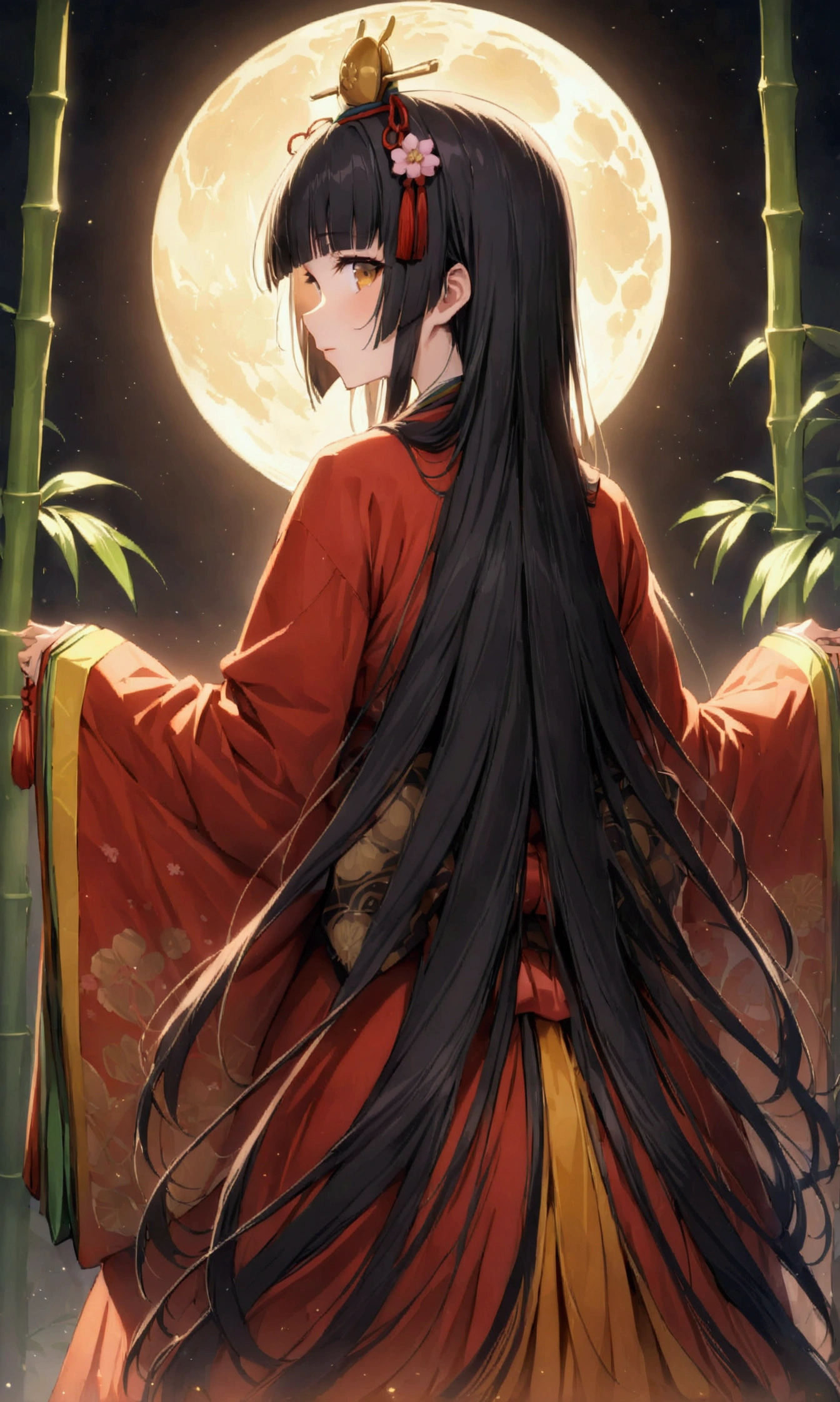 The World of Kaguyahime, (look at full moon:1.3), hinamatsuri ohinasama, (heian red:1.1) japanese clothes, wide sleeves, red (karaginumo:1.1), layered kimono, 1girl solo, beautiful detailed hair, black hair (hime cut:1.2) very long hair spread out, (masterpiece:1.2), best quality, high quality, ultra high res, (hyper detailed), absurdres, absolutely resolution, detailed details, detailed background, wide shot, cinematic lighting, beautifully lit, starry sky, light particles, (bamboo thicket:1.1), (stunning standing posture), (back focus), (from behind),