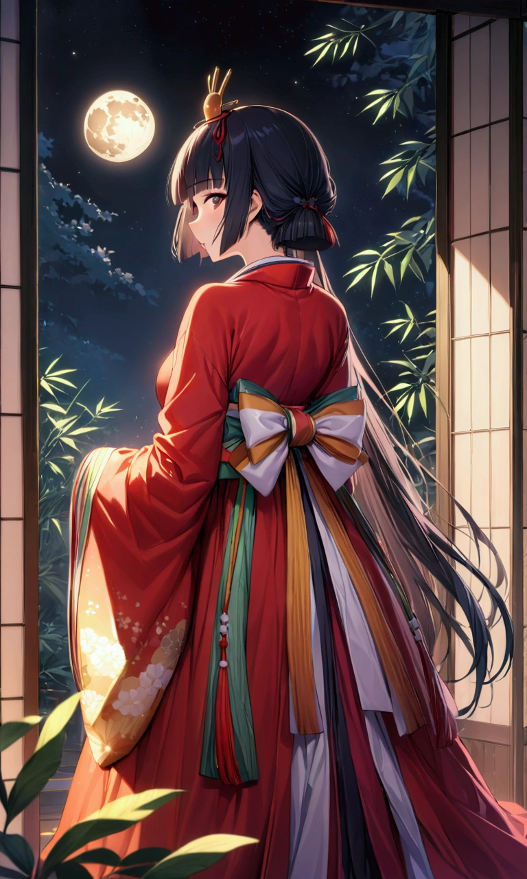 The World of Kaguyahime, (look at full moon:1.3), hinamatsuri ohinasama, (heian red:1.1) japanese clothes, wide sleeves, red (karaginumo:1.1), layered kimono, 1girl solo, beautiful detailed hair, black hair (hime cut:1.2) very long hair spread out, (masterpiece:1.2), best quality, high quality, ultra high res, (hyper detailed), absurdres, absolutely resolution, detailed details, detailed background, wide shot, cinematic lighting, beautifully lit, starry sky, light particles, (bamboo thicket:1.1), (stunning standing posture), (back focus), (from behind),