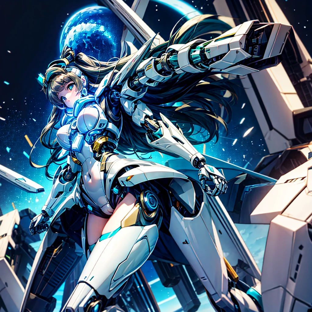 masterpiece, high quality, During the surgery to convert the machine、Minami Kotori, who has been turned into a mechanical body cyborg、Surgery to convert to a gynoid cyborg body with exposed mechanical parts、Blue and white leotard-type mechanical armor、The whole body from the neck down is precision-machined.、Single image、Full-body shot from the front