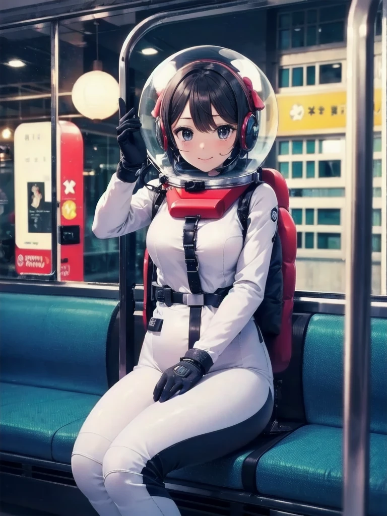 space helmet, (cinematic scene, sitting on a chair, train interior, , city view, night view: 1.5), space helmet, eva helmet, space suit, astronaut), smile bubble helmet, very detailed, speed helmet, bubble helmet, ,upper body, astronaut),eva helm, spacesuit , astronaut),girl, wearing a (spacesuit:1.15), white cargo pants, (headsets:1.5)