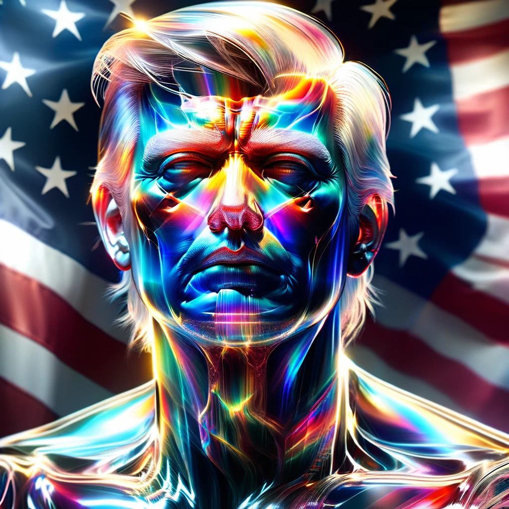 hyperdetailliertes Meisterwerk, dynamische realistische digitale Kunst, unglaubliche Qualität,Durchsichtig,   Donald Trump, Flagge der Vereinigten Staaten