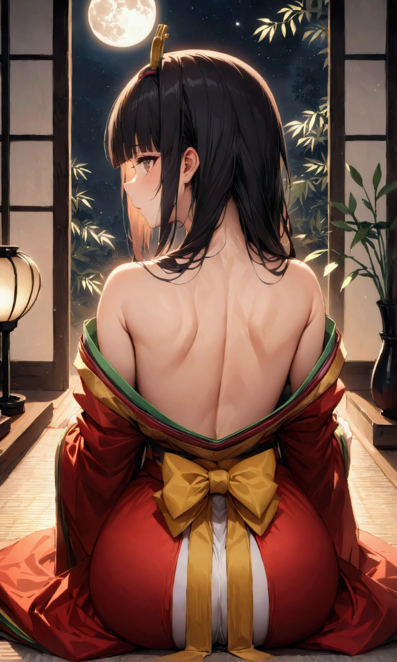 The World of Kaguyahime, (look at full moon:1.3), hinamatsuri ohinasama, (heian red:1.1) japanese clothes, wide sleeves, red (karaginumo:1.1), layered kimono, 1girl solo, beautiful detailed hair, black hair (hime cut:1.2) very long hair spread out, (masterpiece:1.2), best quality, high quality, ultra high res, (hyper detailed), absurdres, absolutely resolution, detailed details, detailed background, wide shot, cinematic lighting, beautifully lit, starry sky, light particles, (bamboo thicket:1.1), (stunning standing posture), (back focus), (back view), (back shot)