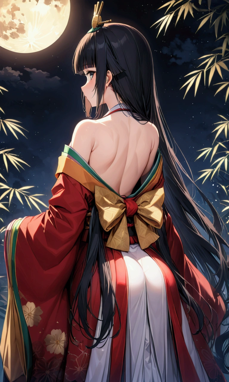 The World of Kaguyahime, (look at full moon:1.3), hinamatsuri ohinasama, (heian red:1.1) japanese clothes, wide sleeves, red (karaginumo:1.1), layered kimono, 1girl solo, beautiful detailed hair, black hair (hime cut:1.2) very long hair spread out, (masterpiece:1.2), best quality, high quality, ultra high res, (hyper detailed), absurdres, absolutely resolution, detailed details, detailed background, wide shot, cinematic lighting, beautifully lit, starry sky, light particles, (bamboo thicket:1.1), (stunning standing posture), (back focus), (back view), (back shot)