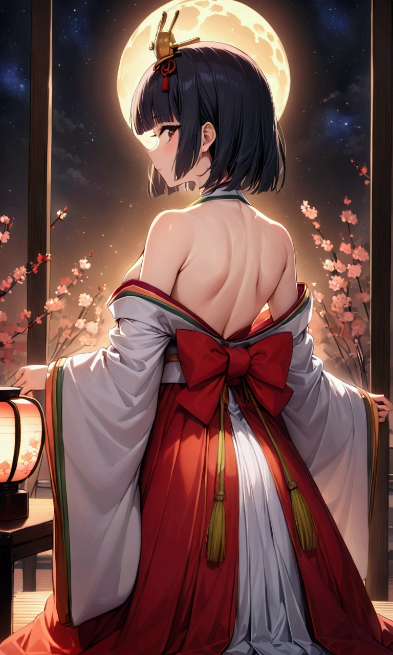 El mundo de Kaguyahime, (mira la luna llena:1.3), hinamatsuri ohinasama, (heian Rojo:1.1) ropa japonesa, mangas anchas, Rojo (karaginumo:1.1), layeRojo kimono, 1girl solo, cabello hermoso y detallado, pelo negro (corte de hime:1.2) pelo muy largo extendido, (obra maestra:1.2), mejor calidad, alta calidad, ultra alta resolución, (hiperrealista), absurdos, resolución absolutamente, Detalles detallados, antecedentes detallados, plano general, iluminación cinematográfica, bellamente iluminado, cielo estrellado, Partículas de luz, (Matorral de bambú:1.1), (impresionante postura de pie), (enfoque posterior), (vista trasera), (Disparo de espaldas)