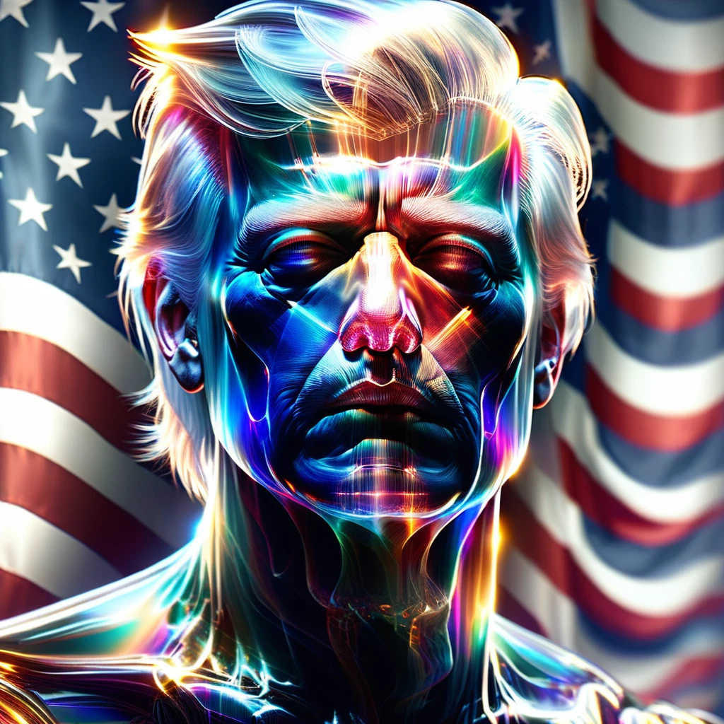 hyperdetailliertes Meisterwerk, dynamische realistische digitale Kunst, unglaubliche Qualität,Durchsichtig,   Donald Trump, Flagge der Vereinigten Staaten