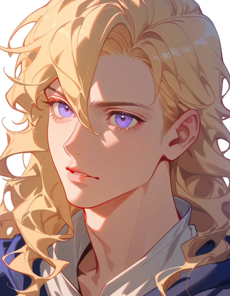 male about 18 years old, blond, shoulder-length, middle-part wavy hair, light-purple, deep-set, Sanpaku eyes, growing blond beard, aquiline and hooked nose, slightly underbite, slightly long face, fearless expression, strong body, medieval European royal attire, portrait, high saturation, jhyd style