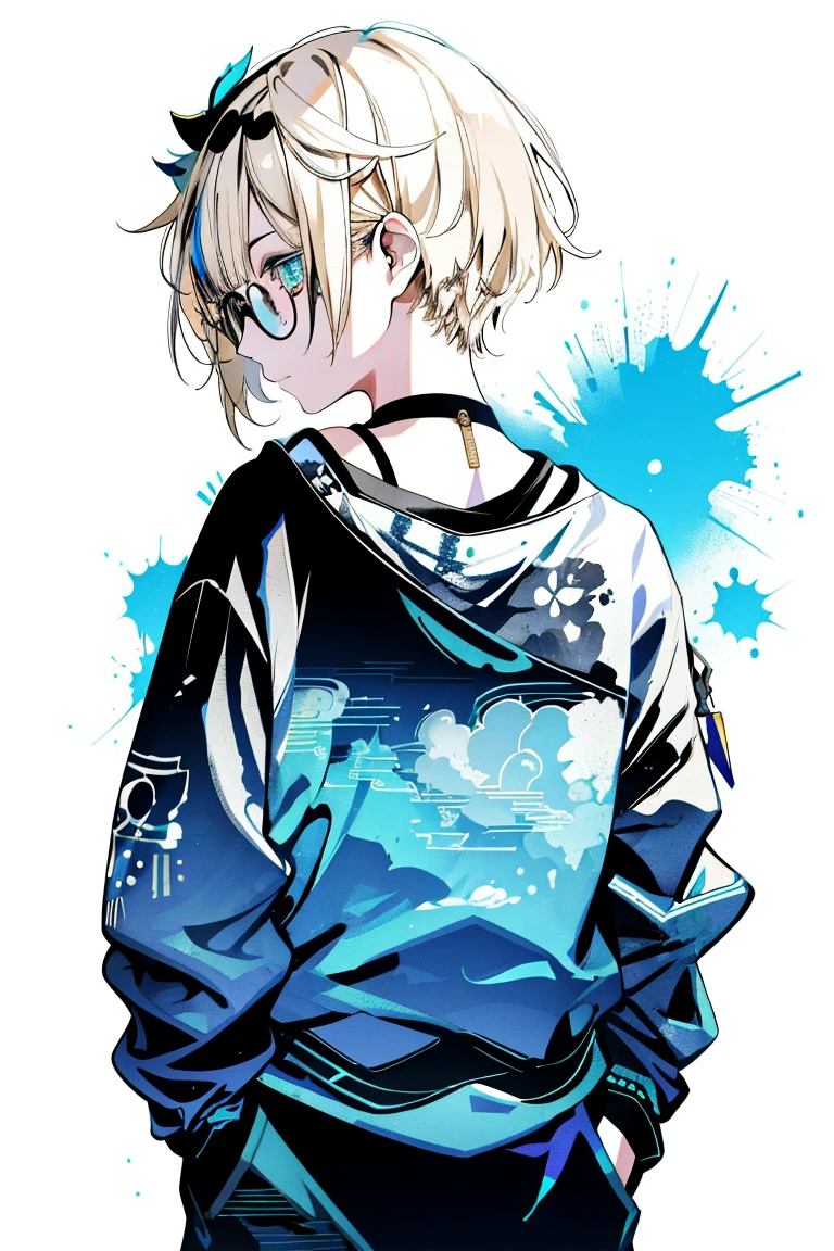 One Girl,Back Shadow Splatter,Glasses,paint splatter sweatshirt,Off-the-shoulder wear,,Alchemy Research Institute,Mysteries of the Uncharted Territories,Put your hands in your pockets,iris,game scene graph, Rain street background、Blonde、kazama iroha