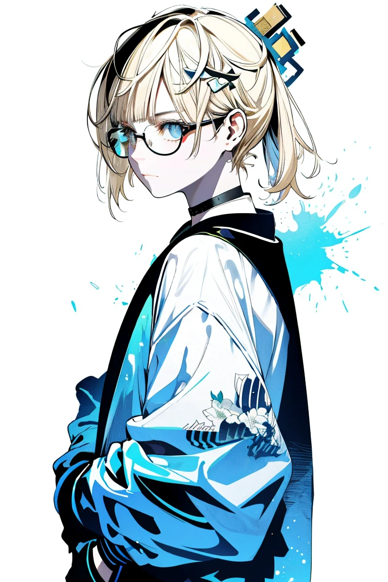 One Girl,Back Shadow Splatter,Glasses,paint splatter sweatshirt,Off-the-shoulder wear,,Alchemy Research Institute,Mysteries of the Uncharted Territories,Put your hands in your pockets,iris,game scene graph, Rain street background、Blonde、kazama iroha