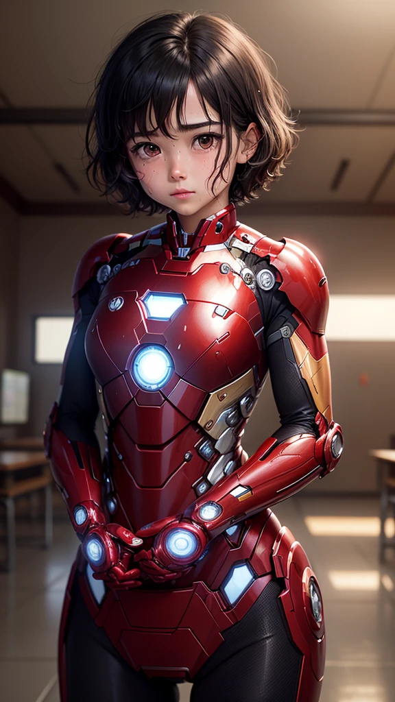 la plus haute qualité　Costume Iron Man 8k pour fille　fille de l&#39;école primaire　Visage en sueur　Mignon　Cheveux courts　de garçon　De la vapeur sort de la tête　Mes cheveux sont mouillés de sueur　cheveux noirs　((Tomber sur un&#39;est de retour))Un bâclé, posture effondrée　syncope