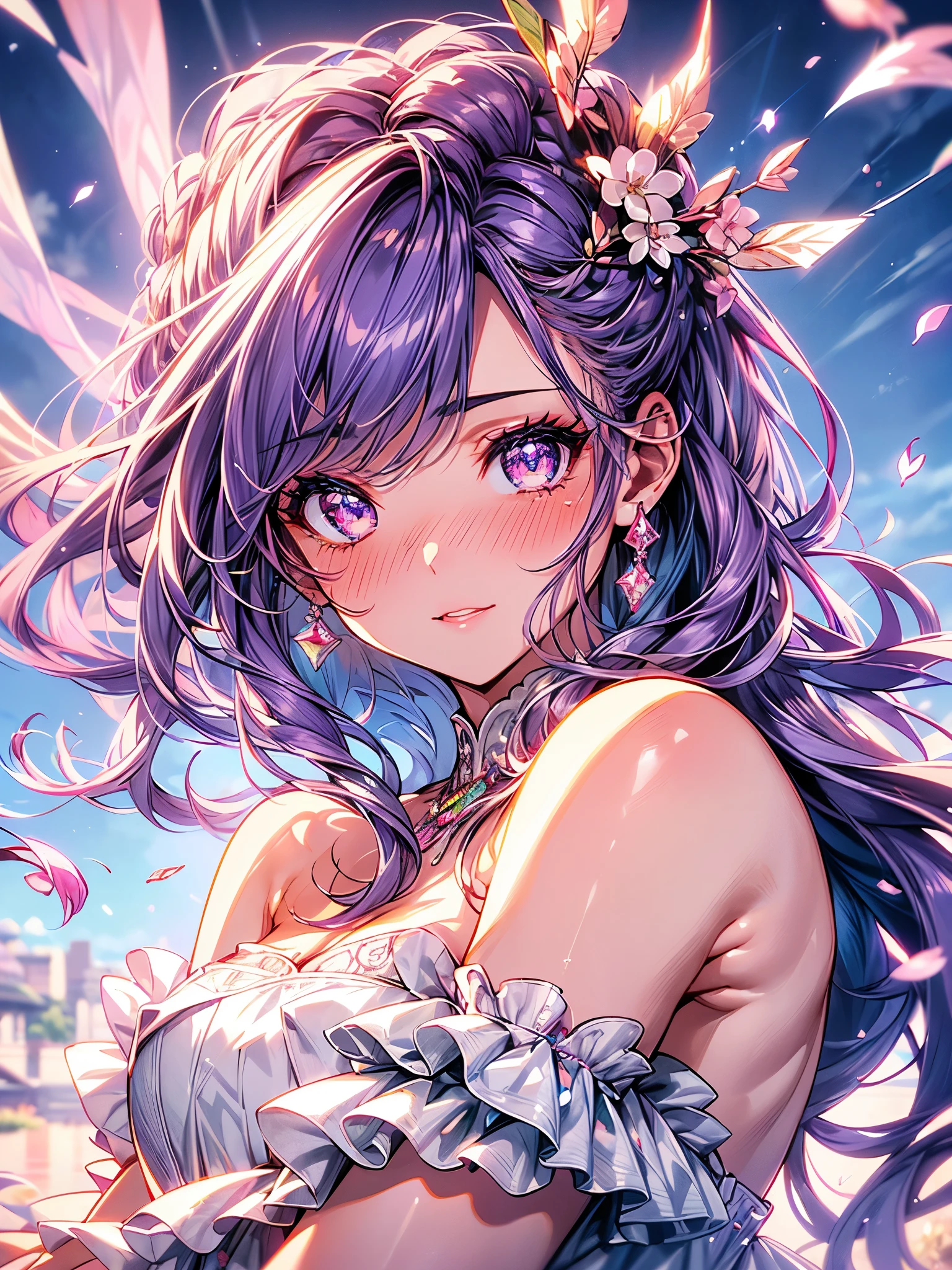 mature woman, 1girl, (masterpiece, best quality, extremely detailed), sharp focus, detailed face, face focus, extremely detailed eyes, long hair, crown braid, hair over the shoulders, (purple hair: 1.3), purple eyes, (sparkling eyes: 1.2), long eyelashes, (strong blush, drunk: 1.2), delicate makeup, big breasts, ((pink and white complicated dress, bare shoulders, décolleté)), ((dusk, holding diamond shard, discovery, bamboo shoots background, grass,  green particles around, calm lake, cherry blossom background, breeze)), cinematic lighting, edge lightning, ray tracing, shading, dynamic angle, full-length image, walks,