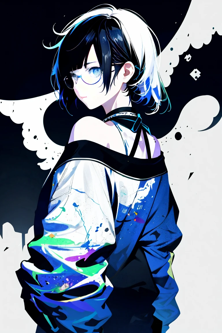 One Girl,Back Shadow Splatter,Glasses,paint splatter sweatshirt,Off-the-shoulder wear,Alchemy Research Institute,Mysteries of the Uncharted Territories,Put your hands in your pockets,iris,game scene graph, Rain street background、Black Hair、kazama iroha