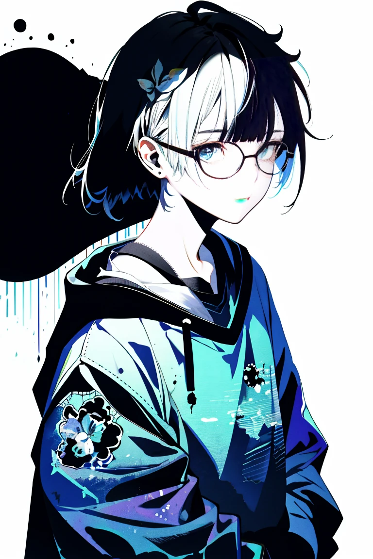 One Girl,Back Shadow Splatter,Glasses,paint splatter sweatshirt,Off-the-shoulder wear,Alchemy Research Institute,Mysteries of the Uncharted Territories,Put your hands in your pockets,iris,game scene graph, Rain street background、Black Hair、kazama iroha