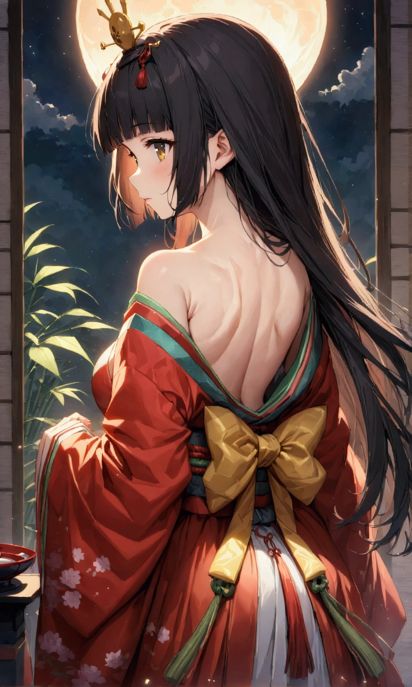 The World of Kaguyahime, (look at full moon, looking ahead:1.3), hinamatsuri ohinasama, (heian red:1.1) japanese clothes, wide sleeves, red (karaginumo:1.1), layered kimono, 1girl solo, beautiful detailed hair, black hair (hime cut:1.2) very long hair spread out, (masterpiece:1.2), best quality, high quality, ultra high res, (hyper detailed), absurdres, absolutely resolution, detailed details, detailed background, wide shot, cinematic lighting, beautifully lit, starry sky, light particles, (bamboo thicket:1.1), ((back view, standing:1.3)), stunning standing posture,