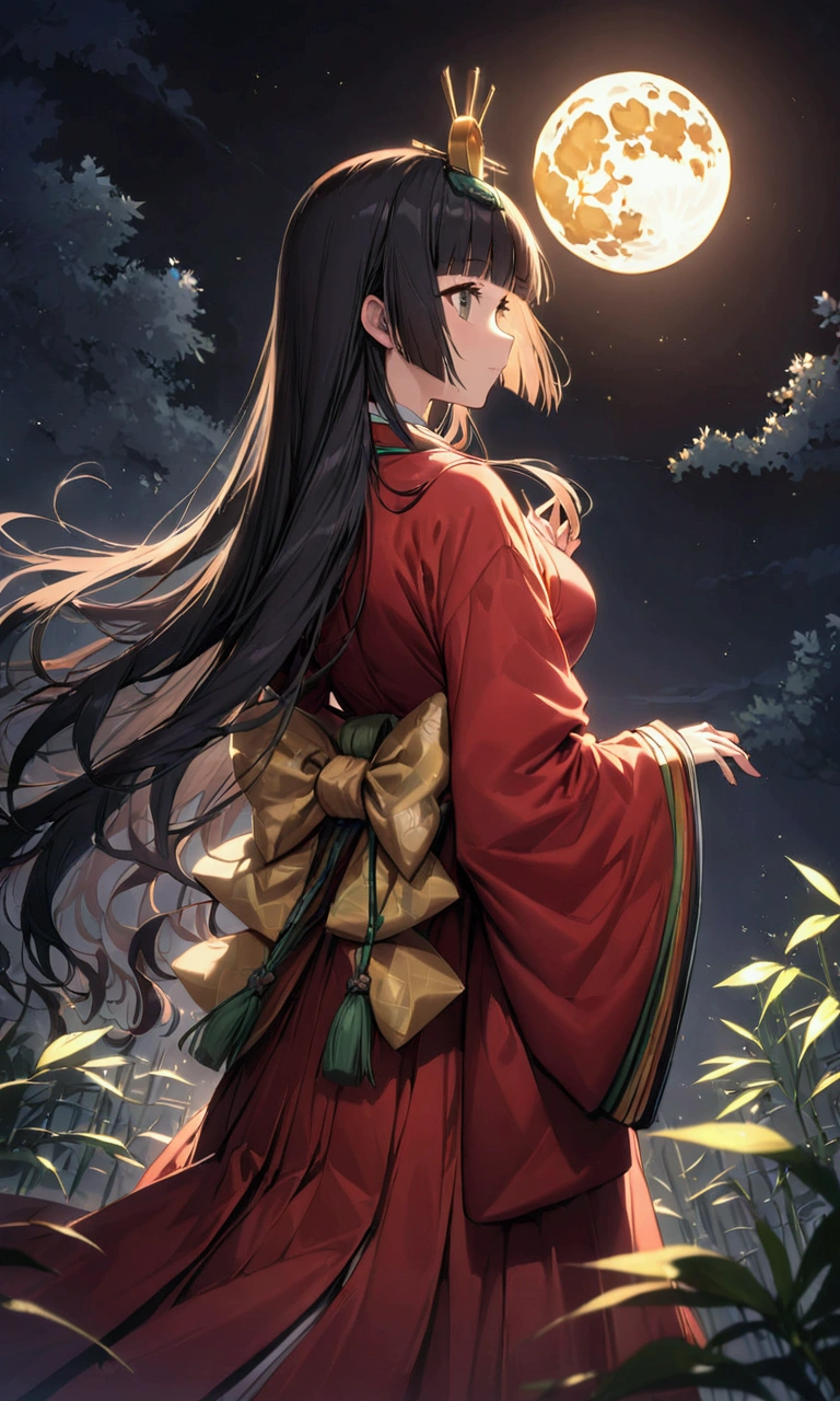 The World of Kaguyahime, (look at full moon, looking ahead:1.3), hinamatsuri ohinasama, (heian red:1.1) japanese clothes, wide sleeves, red (karaginumo:1.1), layered kimono, 1girl solo, beautiful detailed hair, black hair (hime cut:1.2) very long hair spread out, (masterpiece:1.2), best quality, high quality, ultra high res, (hyper detailed), absurdres, absolutely resolution, detailed details, detailed background, wide shot, cinematic lighting, beautifully lit, starry sky, light particles, (bamboo thicket:1.1), ((back view, standing:1.3)), stunning standing posture,