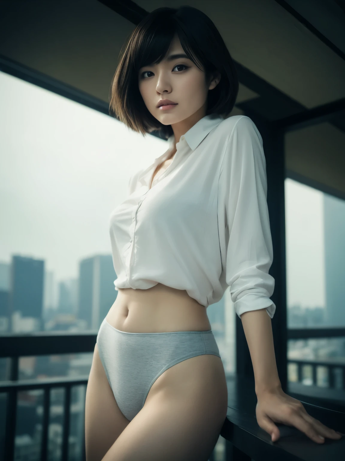 1 girl,Very beautiful 30 year old Japanese woman、Very short hair、Imagine、cleveage、wind、Overcast skies、Model-like figure、 external、shirt、Open your legs、High level of image quality、Best image quality、Look at the camera、Focus on the eyes、Bold、Blade Runner、View from below、thigh、butt、