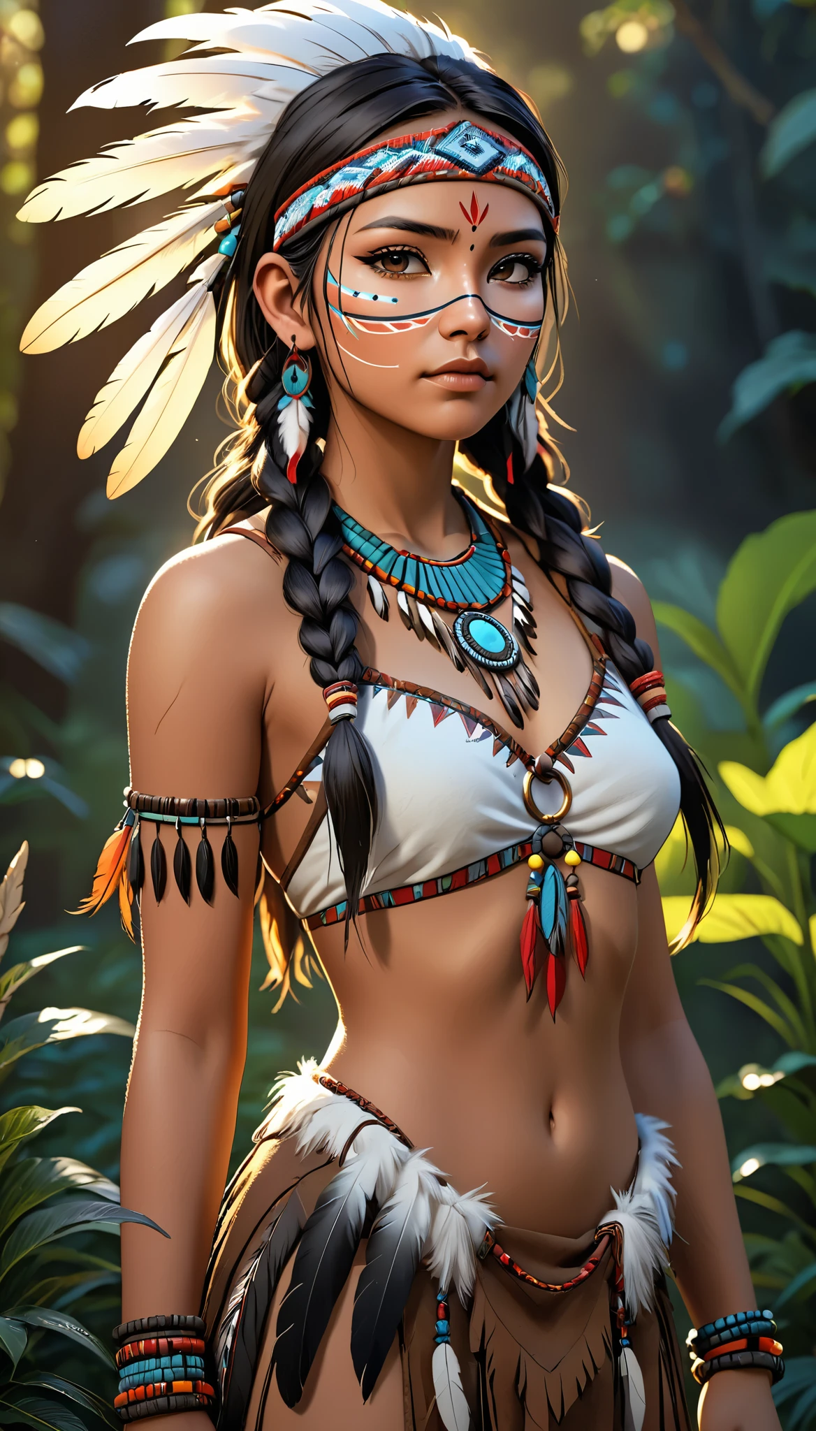 One girl,Native American, feather,hair ornaments,jewelry,necklace,Tribal,Head ornament,Bracelet,Face Paint,Braiding,bracelet, Wow_fast_no_Freezing_style, One girl in full growth, 最high quality, masterpiece, Super detailed, high quality, perfect nose, Highly detailed skin, Warm skin tone, Rebellion 512, RAW Photos, 最high quality, High resolution, (masterpiece), dream-like, dream-like, modelshoot style, analog style, Tone Mapping, Realistic, Professional photography, Sharp focus, High resolution, 8K resolution, Exquisite detail, Refined details, Super detailed, (Depth of written boundary), Highlights and Shadows, Volumetric lighting, Cinematic Flowers, Professional Light, View your viewers, Spotted,