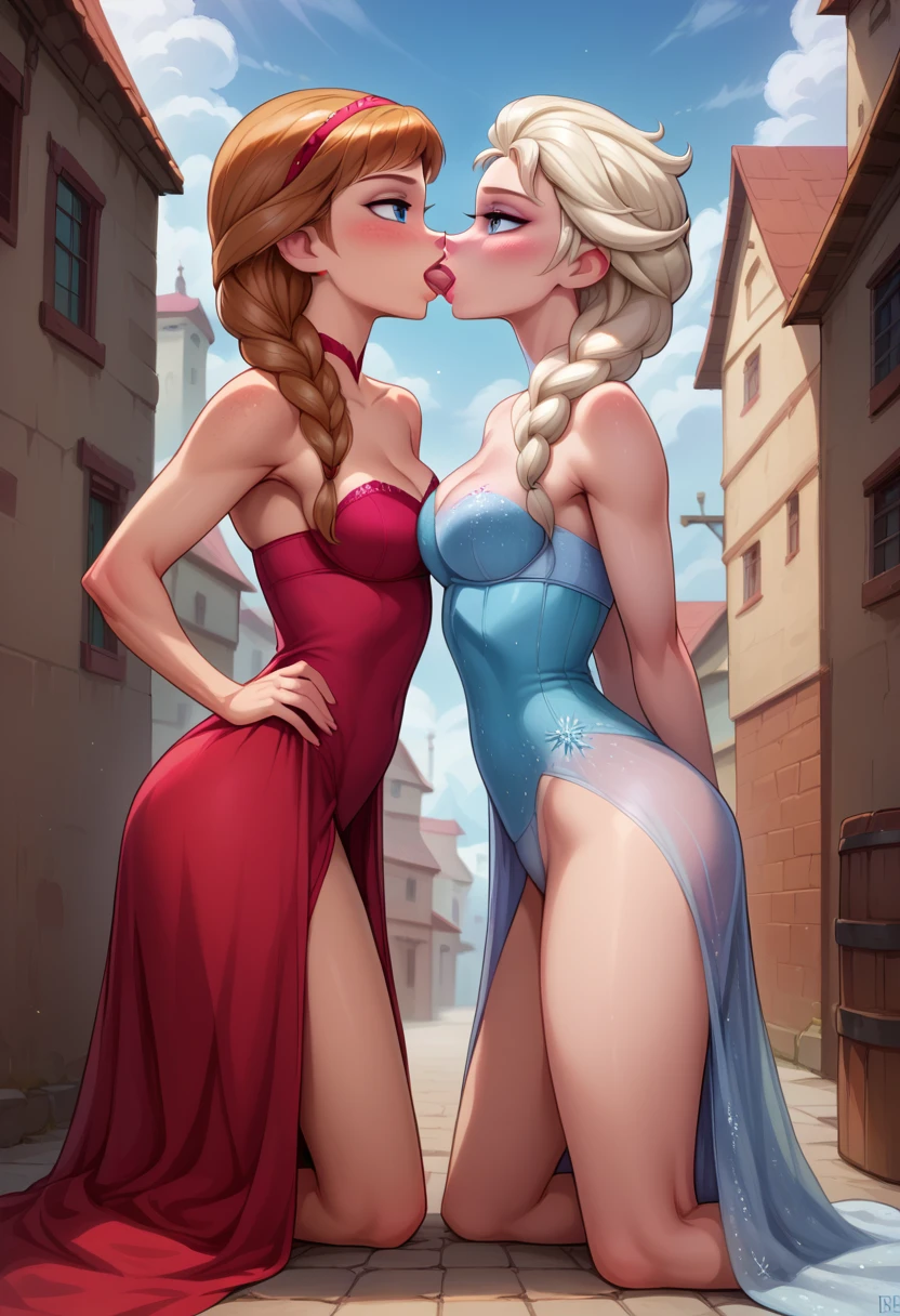 Score_9, score_8_up, score_7_up, rating explicit, source_comic, detailed soft lighting, BREAK 1boy standing, (muscular, medium penis, thick veiny penis, balls:1.0), BREAK 2girls kneeling, (Elsa and Anna from Frozen:1.2), lovers, wearing dresses, BREAK (threesome:1.3), (fellatio:1.4), kissing, blush, beautiful eyes, open eyes, (masterpiece, best quality, highly detailed, beautiful), (town alley:1.2).