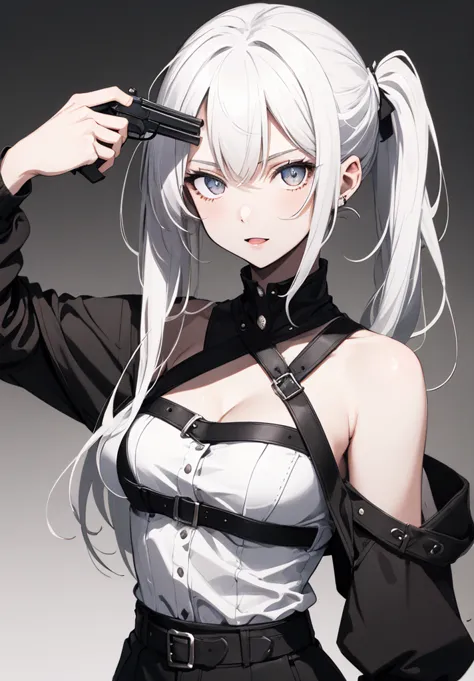 1 girl, masterpiece, best quality, g2h, pistol a la cabeza, pistol, holding the gun, cowboy shot, grinding, safe, perfect face,e...