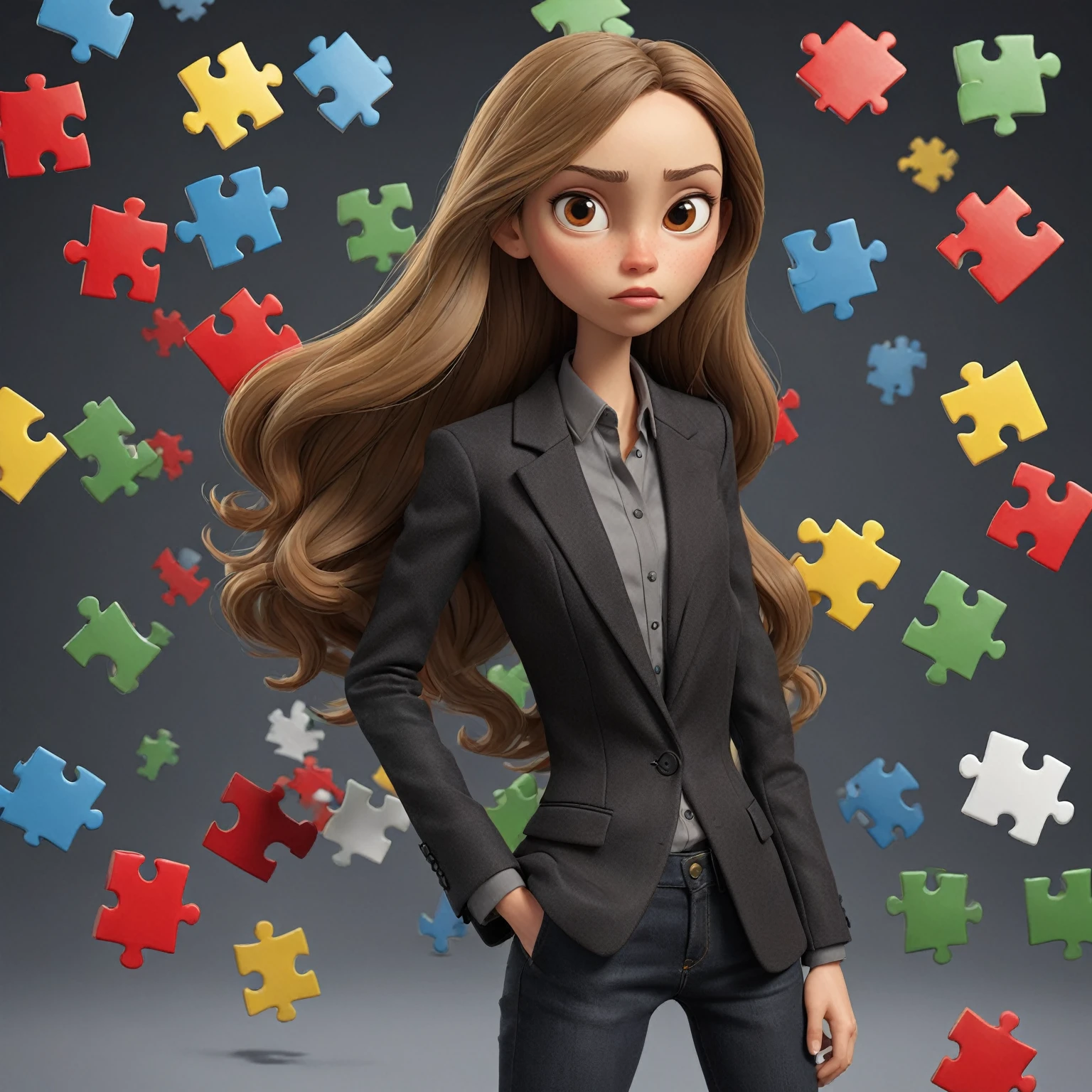 3D Pixar style poster. woman with light skin, super straight light brown hair, light brown eyes, black blazer, black jeans, gray shirt, white sneakers, notebook in hand, background with red, blue, green and yellow puzzles.