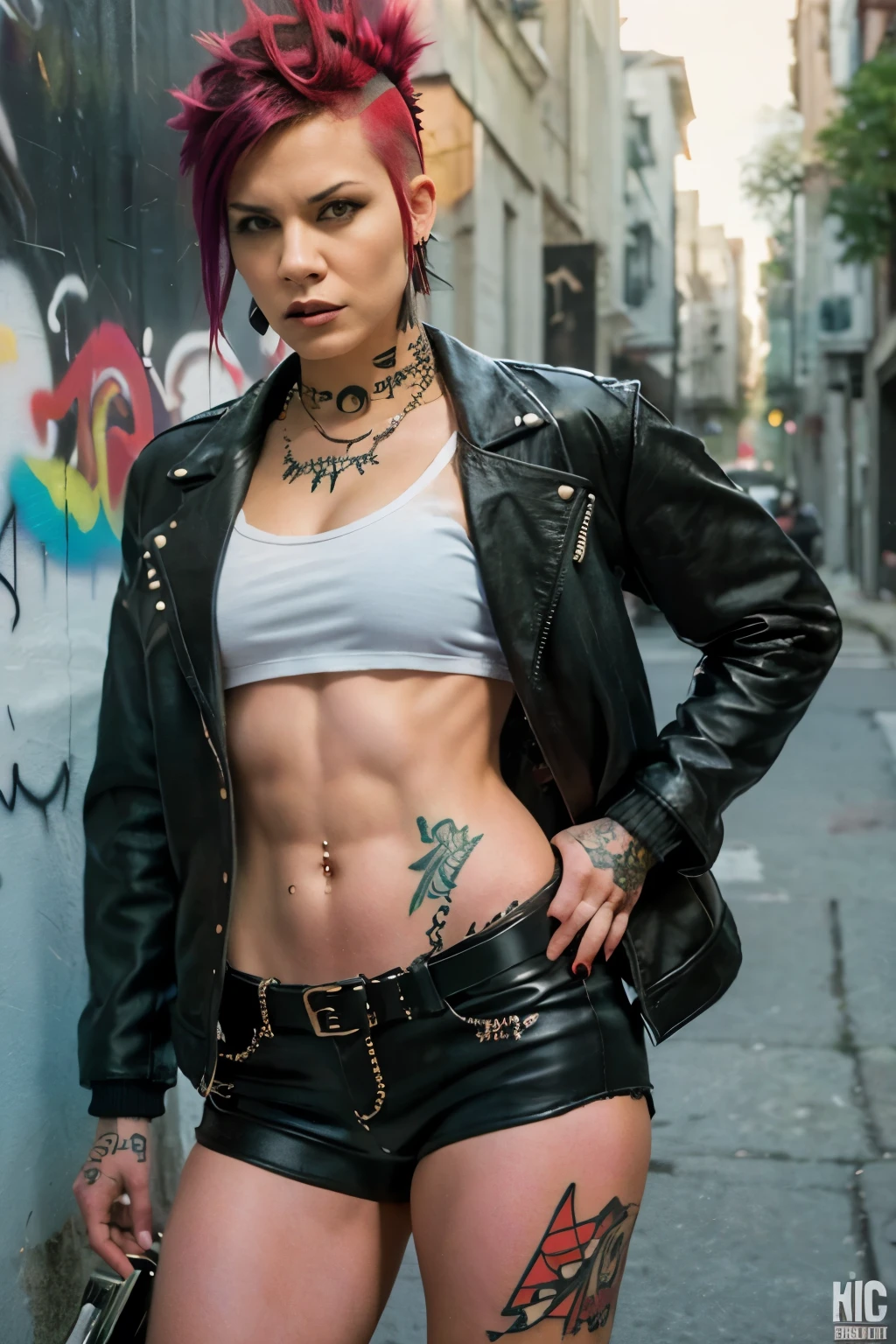 (work of art, best qualityer:1.2), 1 girl ,intrincately detailed, "Punk Girl", in dynamic pose, ((mohawk hair, red punk hair, angry face, wearing a black jacket, Rocket style, tattooed , hot body, abs)) . Shallow depth of field, vignette, highy detailed, high budget, bokeh, cinemascope, temperamental, epic, marvelous, film grain, grainy. ((Abandoned grafitti wall background)).